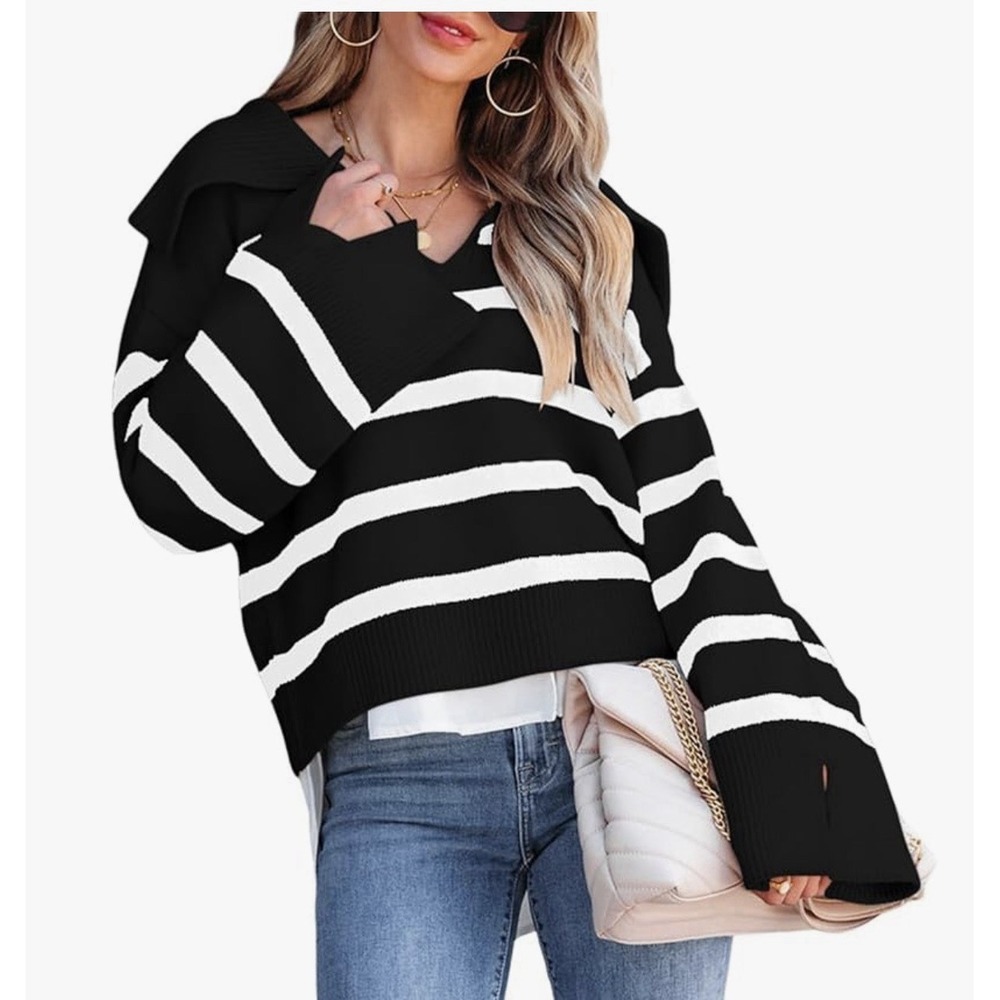 Black & White Striped V-Neck Sweater, XL